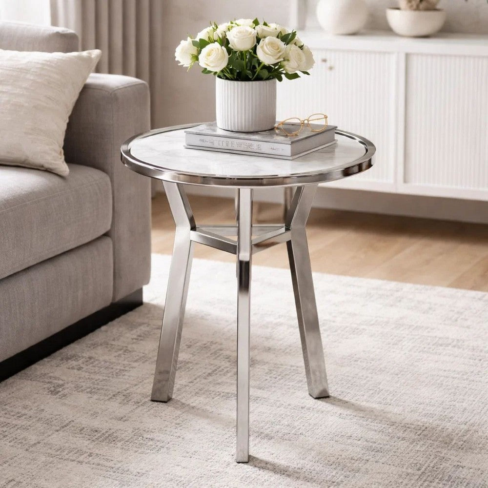 Side End Table | 18" Round White Marble Top | Silver Steel X Base