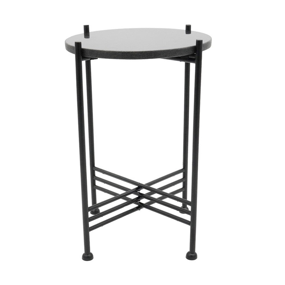 Azik Accent Table | 13" Round Marble-Look Glass Top | Black Iron X Base