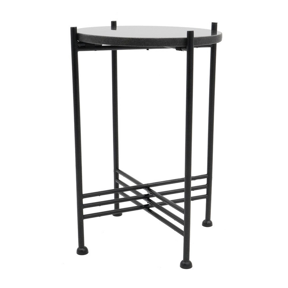 Azik Accent Table | 13" Round Marble-Look Glass Top | Black Iron X Base