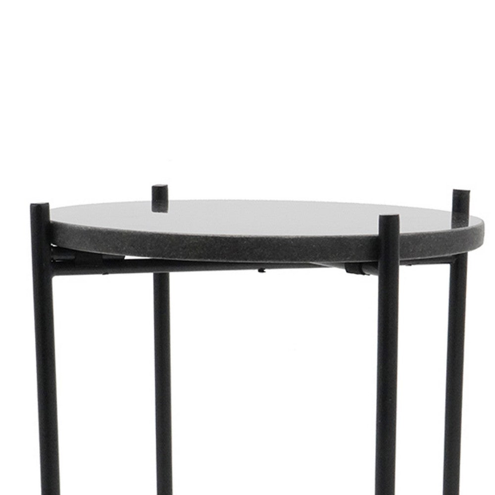 Azik Accent Table | 13" Round Marble-Look Glass Top | Black Iron X Base