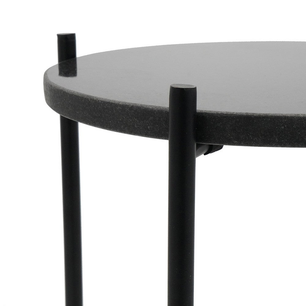 Azik Accent Table | 13" Round Marble-Look Glass Top | Black Iron X Base