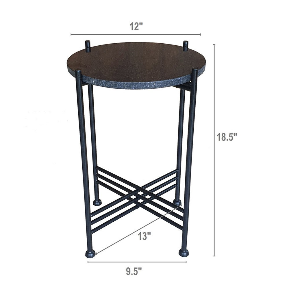 Azik Accent Table | 13" Round Marble-Look Glass Top | Black Iron X Base