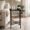 Azik Accent Table | 13" Round Marble-Look Glass Top | Black Iron X Base