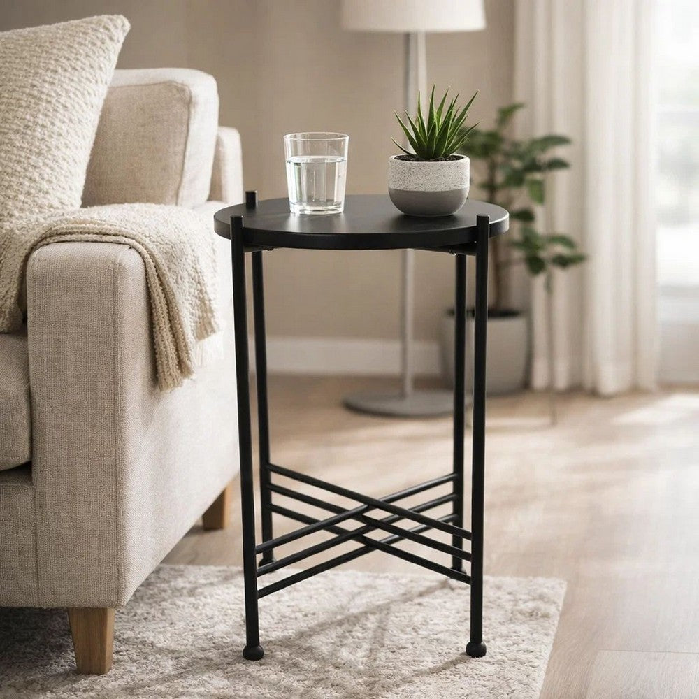 Azik Accent Table | 13" Round Marble-Look Glass Top | Black Iron X Base