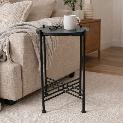 Azik Accent Table | 13" Round Marble-Look Glass Top | Black Iron X Base