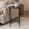 Azik Accent Table | 13" Round Marble-Look Glass Top | Black Iron X Base