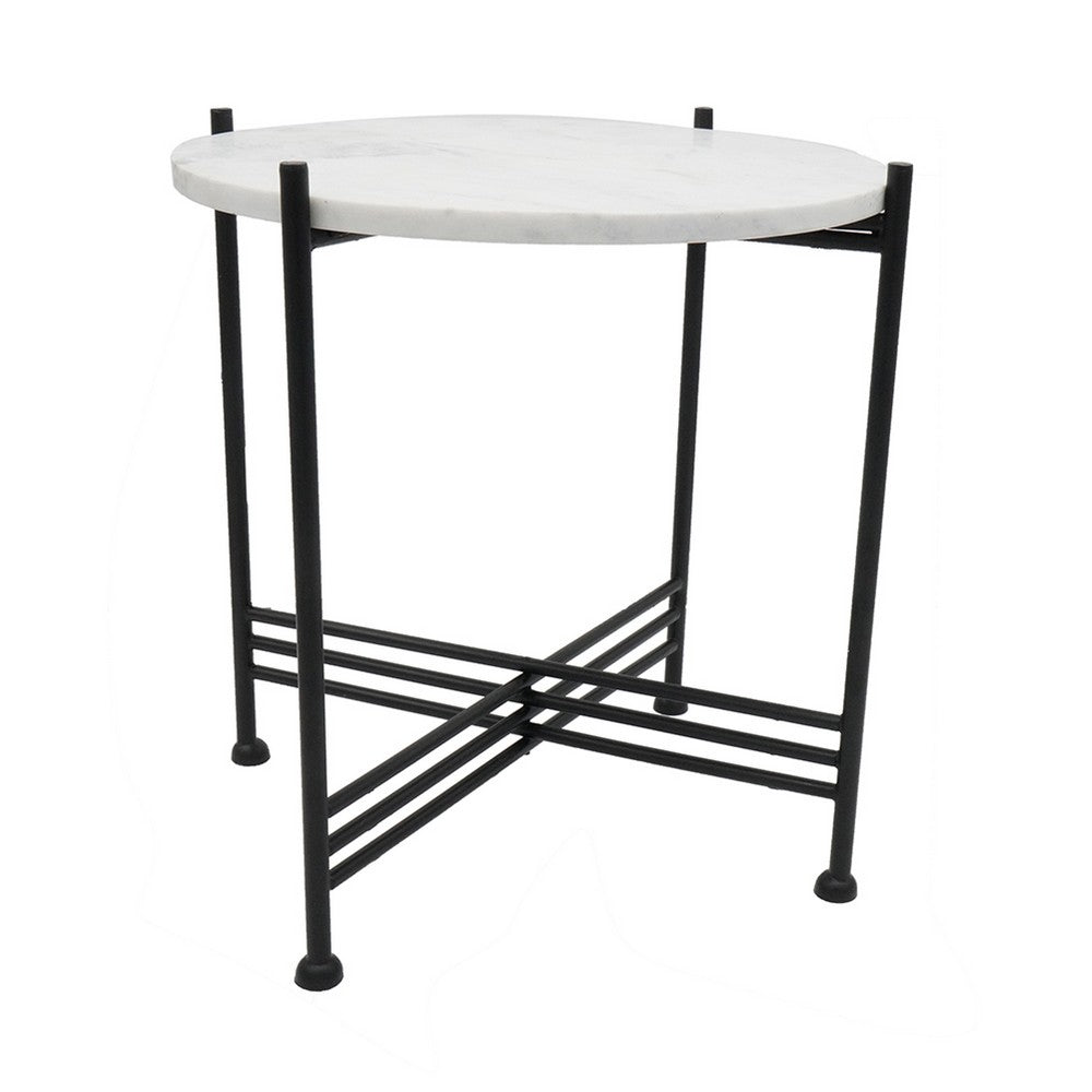 Azik Accent Table | 16" Round White Marble-Look Glass Top | Black Iron
