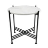 Azik Accent Table | 16" Round White Marble-Look Glass Top | Black Iron