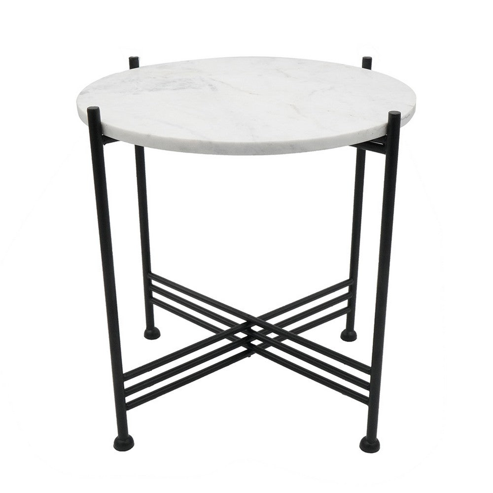 Azik Accent Table | 16" Round White Marble-Look Glass Top | Black Iron