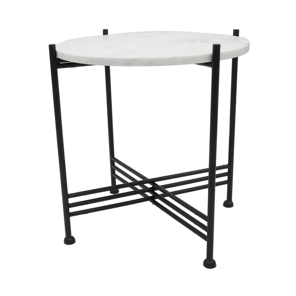 Azik Accent Table | 16" Round White Marble-Look Glass Top | Black Iron