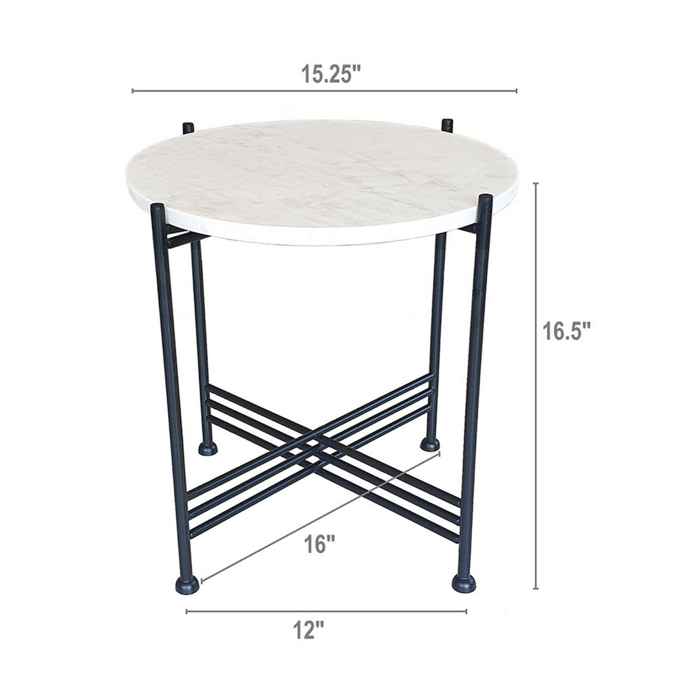 Azik Accent Table | 16" Round White Marble-Look Glass Top | Black Iron