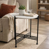 Azik Accent Table | 16" Round White Marble-Look Glass Top | Black Iron