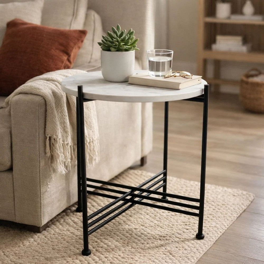 Azik Accent Table | 16" Round White Marble-Look Glass Top | Black Iron