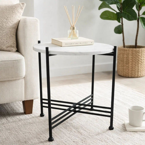 Azik Accent Table | 16" Round White Marble-Look Glass Top | Black Iron