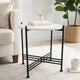 Azik Accent Table | 16" Round White Marble-Look Glass Top | Black Iron