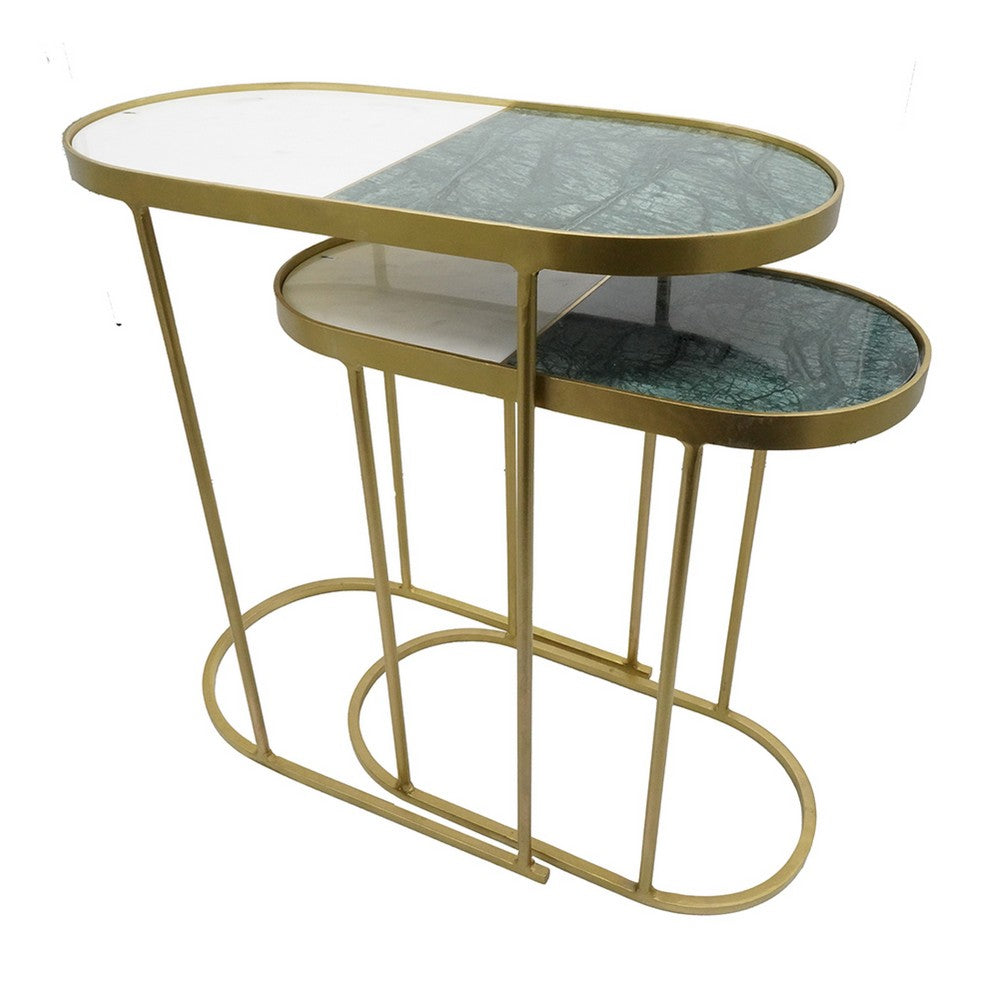 2pc Nesting Table Set | Marble Inlay Oval Top in White & Green | Gold Iron