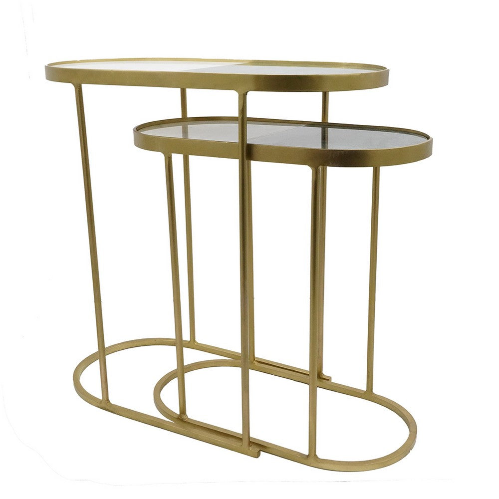 2pc Nesting Table Set | Marble Inlay Oval Top in White & Green | Gold Iron