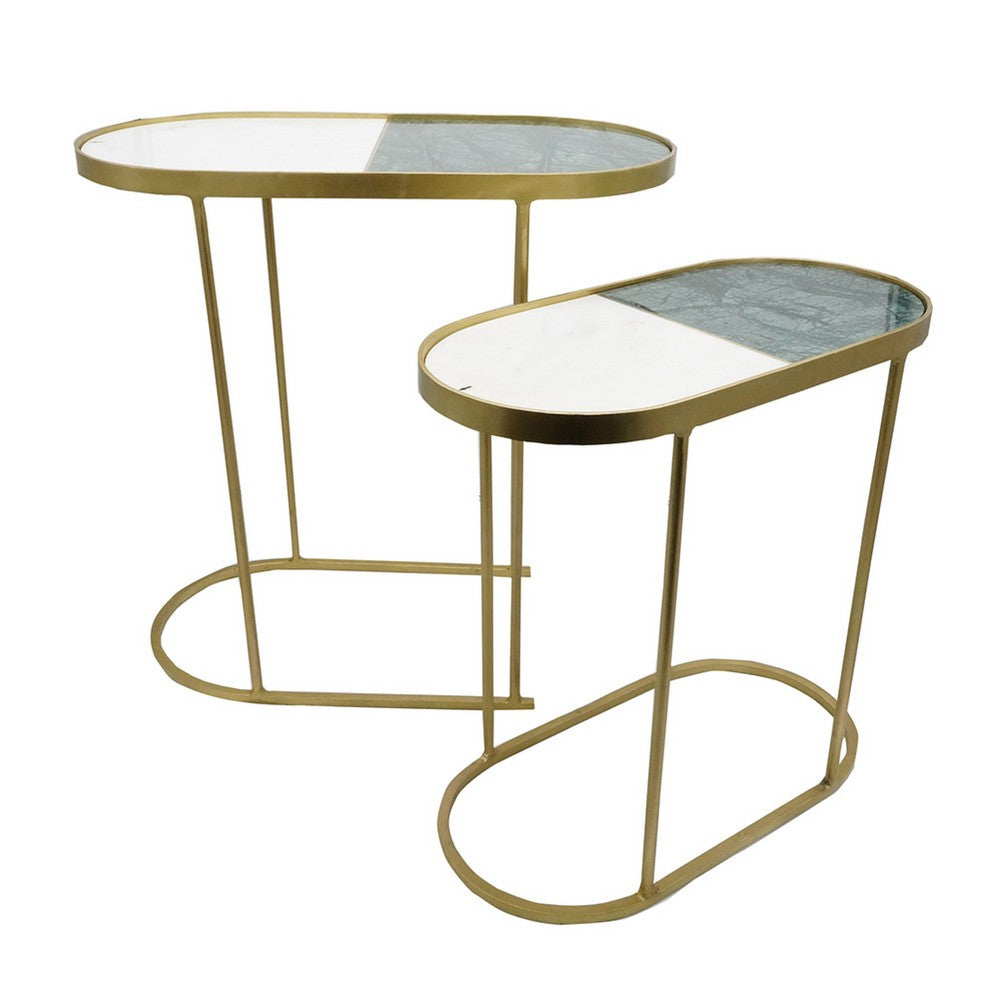 2pc Nesting Table Set | Marble Inlay Oval Top in White & Green | Gold Iron