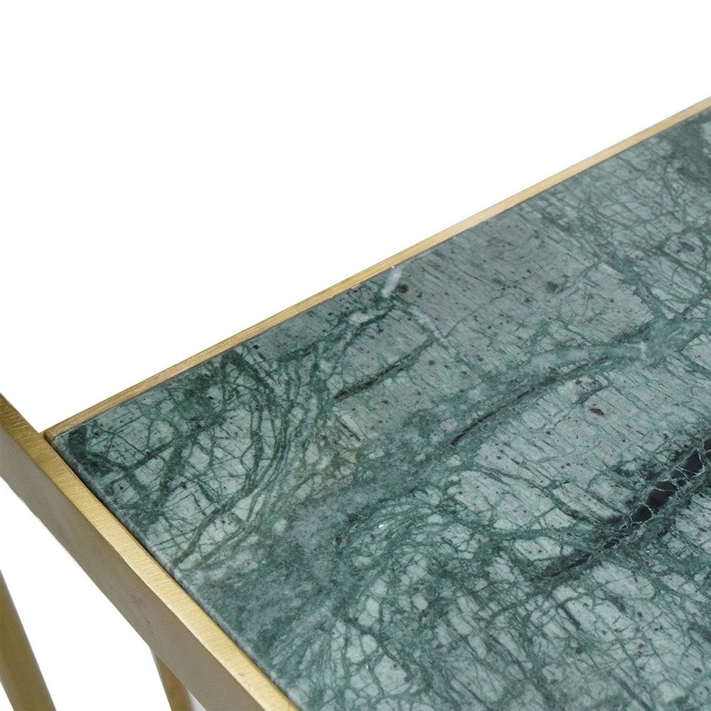 2pc Nesting Table Set | Marble Inlay Oval Top in White & Green | Gold Iron