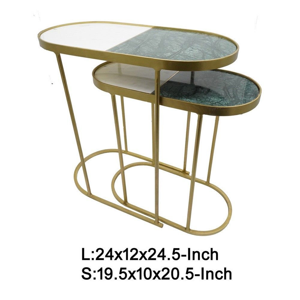 2pc Nesting Table Set | Marble Inlay Oval Top in White & Green | Gold Iron