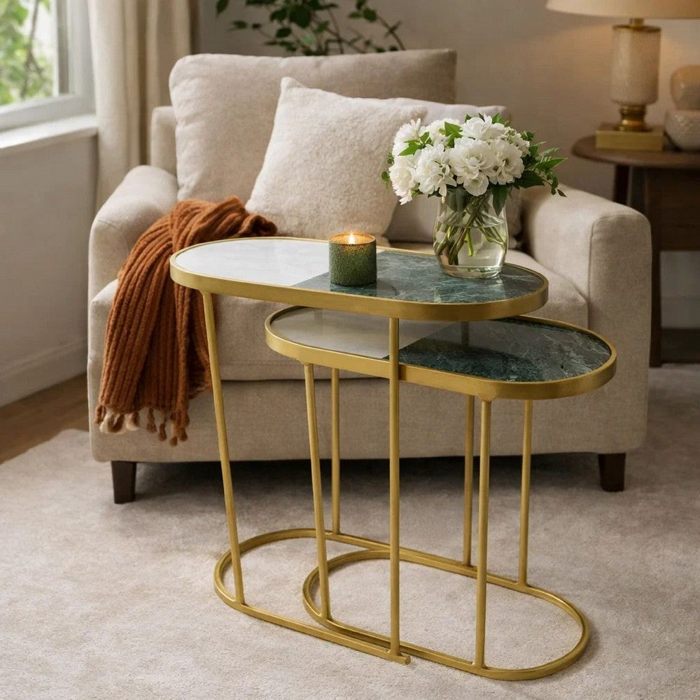 2pc Nesting Table Set | Marble Inlay Oval Top in White & Green | Gold Iron