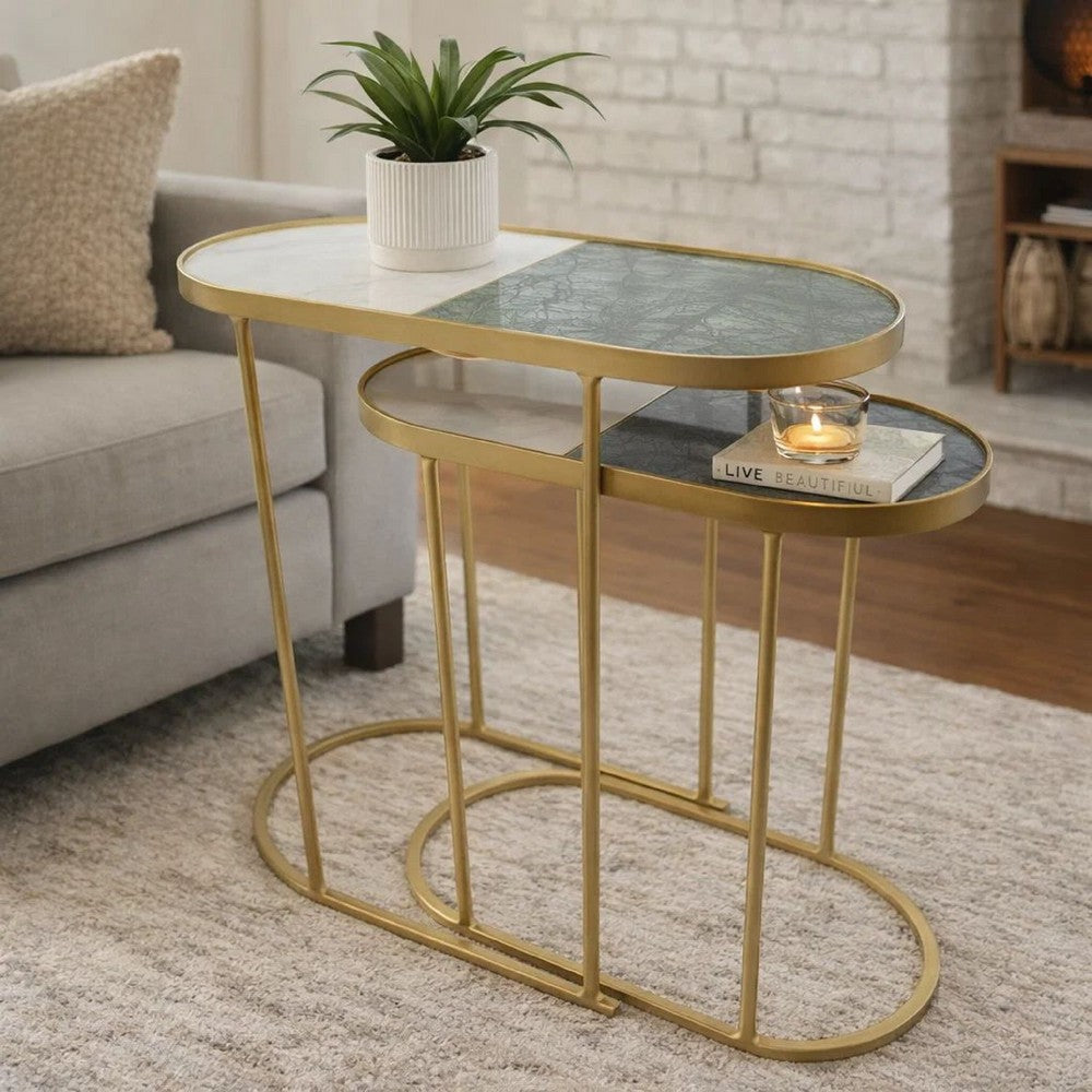 2pc Nesting Table Set | Marble Inlay Oval Top in White & Green | Gold Iron