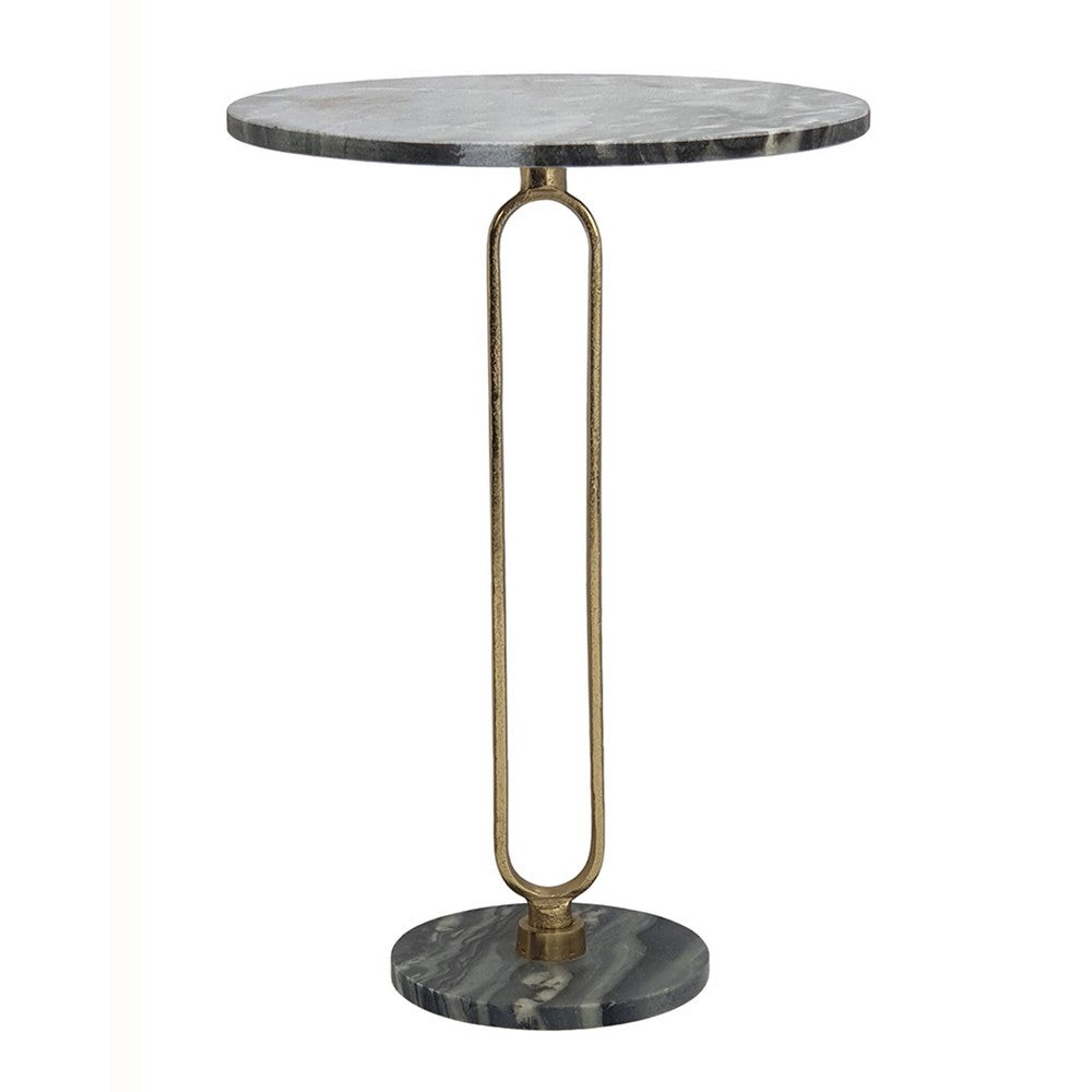 Side End Table | 16" Round Marble Top | U-Shaped Gold Metal Stem | Black