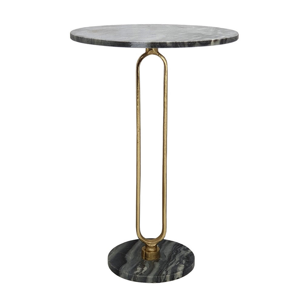Side End Table | 16" Round Marble Top | U-Shaped Gold Metal Stem | Black