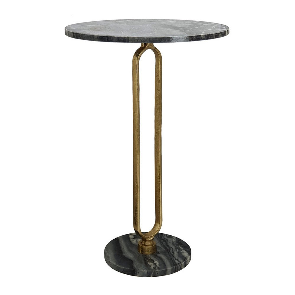 Side End Table | 16" Round Marble Top | U-Shaped Gold Metal Stem | Black
