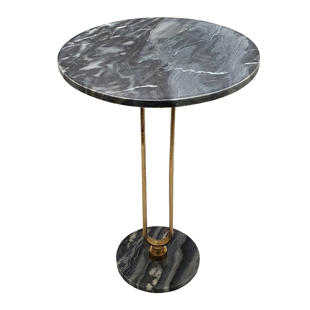 Side End Table | 16" Round Marble Top | U-Shaped Gold Metal Stem | Black