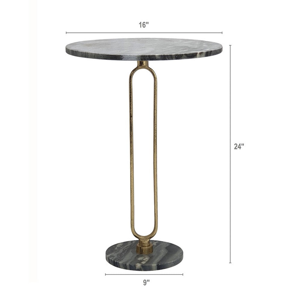Side End Table | 16" Round Marble Top | U-Shaped Gold Metal Stem | Black