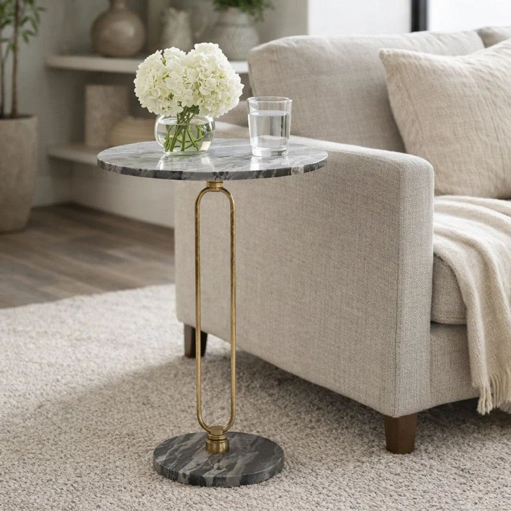 Side End Table | 16" Round Marble Top | U-Shaped Gold Metal Stem | Black
