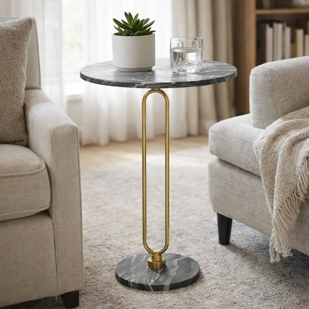 Side End Table | 16" Round Marble Top | U-Shaped Gold Metal Stem | Black