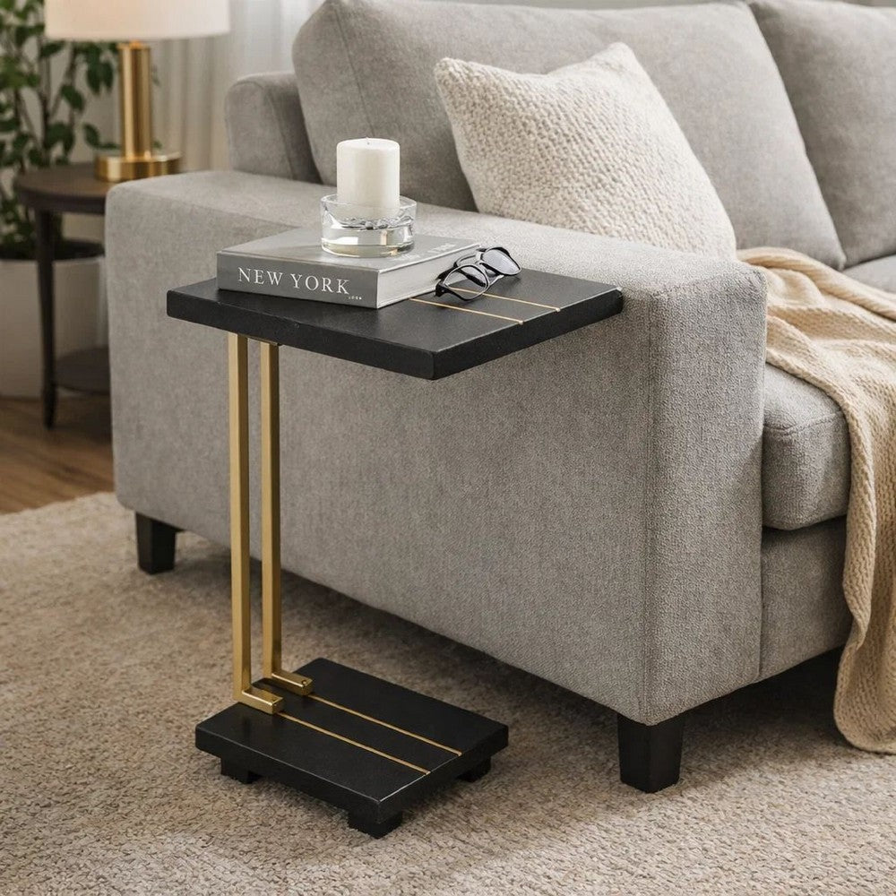 Dani Side End Table | 13" Square Top | C Shape | Black Marble | Gold
