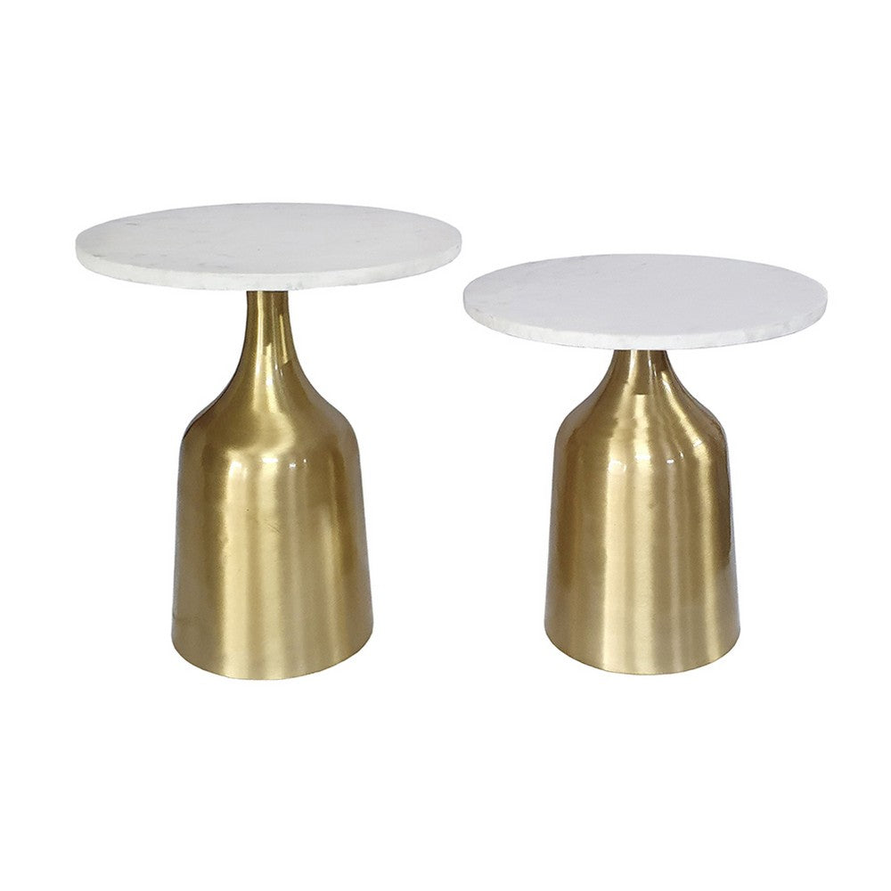 Side End Table Set of 2 | Round White Marble Top | Bell-Shaped Gold Base