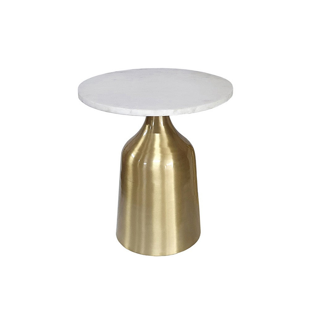 Side End Table Set of 2 | Round White Marble Top | Bell-Shaped Gold Base