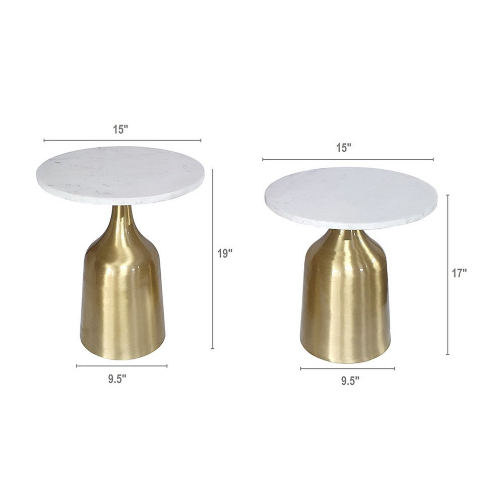 Side End Table Set of 2 | Round White Marble Top | Bell-Shaped Gold Base