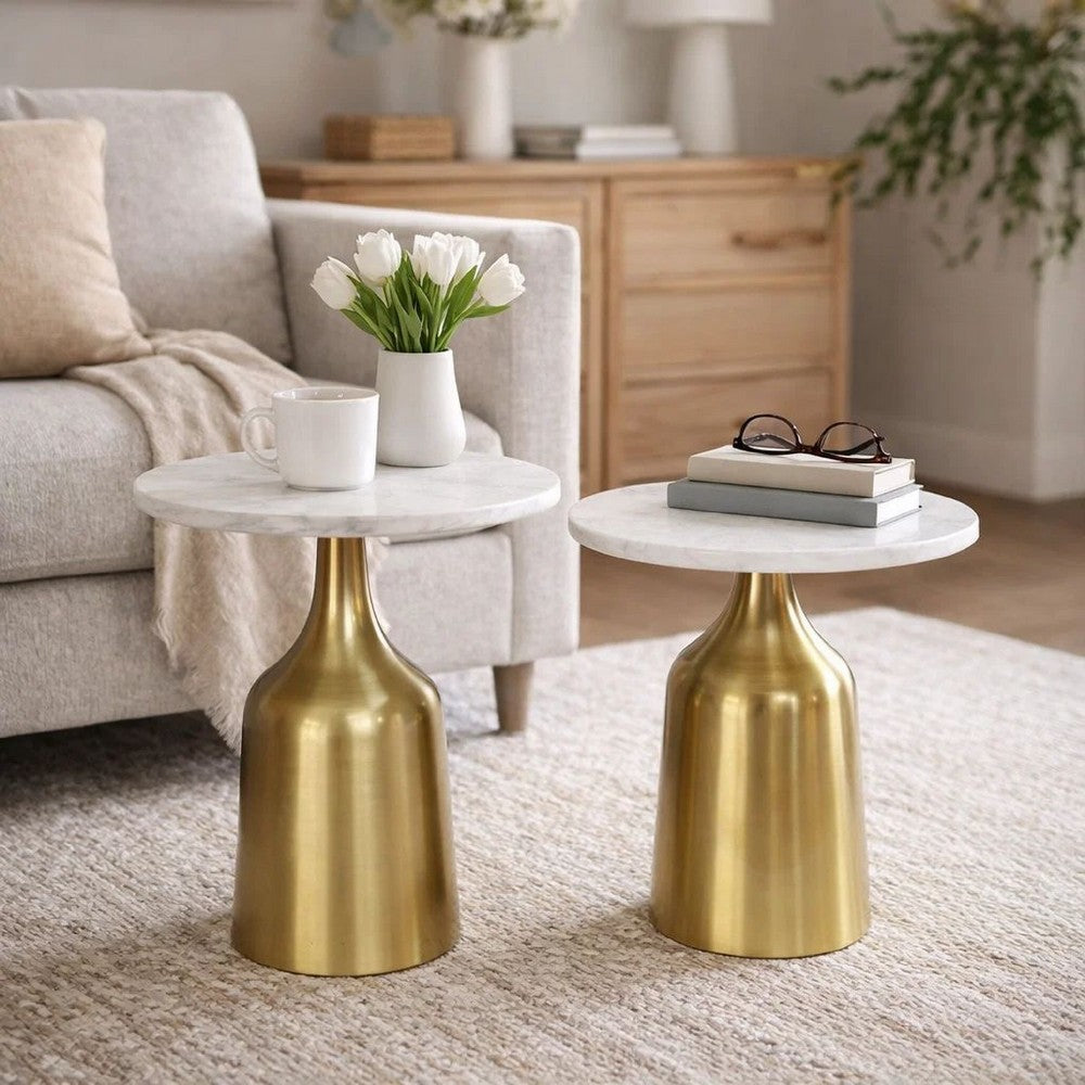 Side End Table Set of 2 | Round White Marble Top | Bell-Shaped Gold Base
