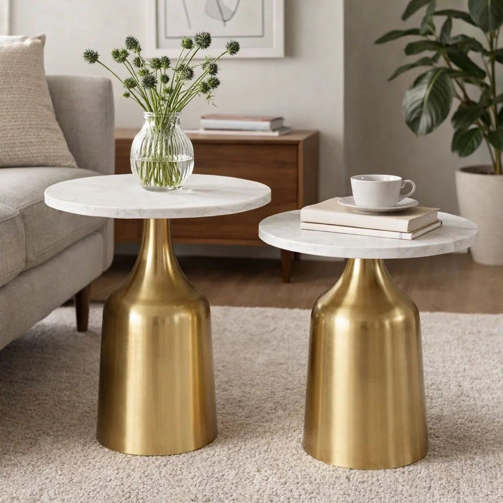Side End Table Set of 2 | Round White Marble Top | Bell-Shaped Gold Base