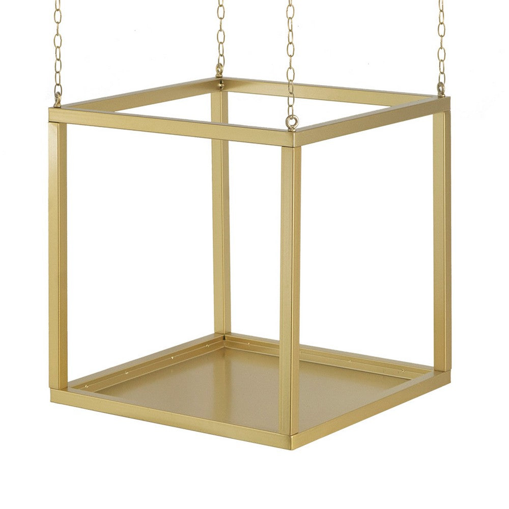 Hanging Open Plant Shelf with Chain | 20" Square Gold Iron Frame