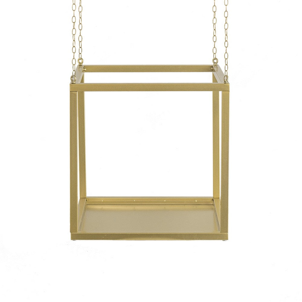 Hanging Open Plant Shelf with Chain | 20" Square Gold Iron Frame