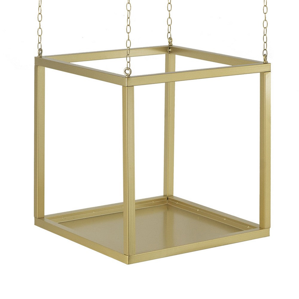 Hanging Open Plant Shelf with Chain | 20" Square Gold Iron Frame