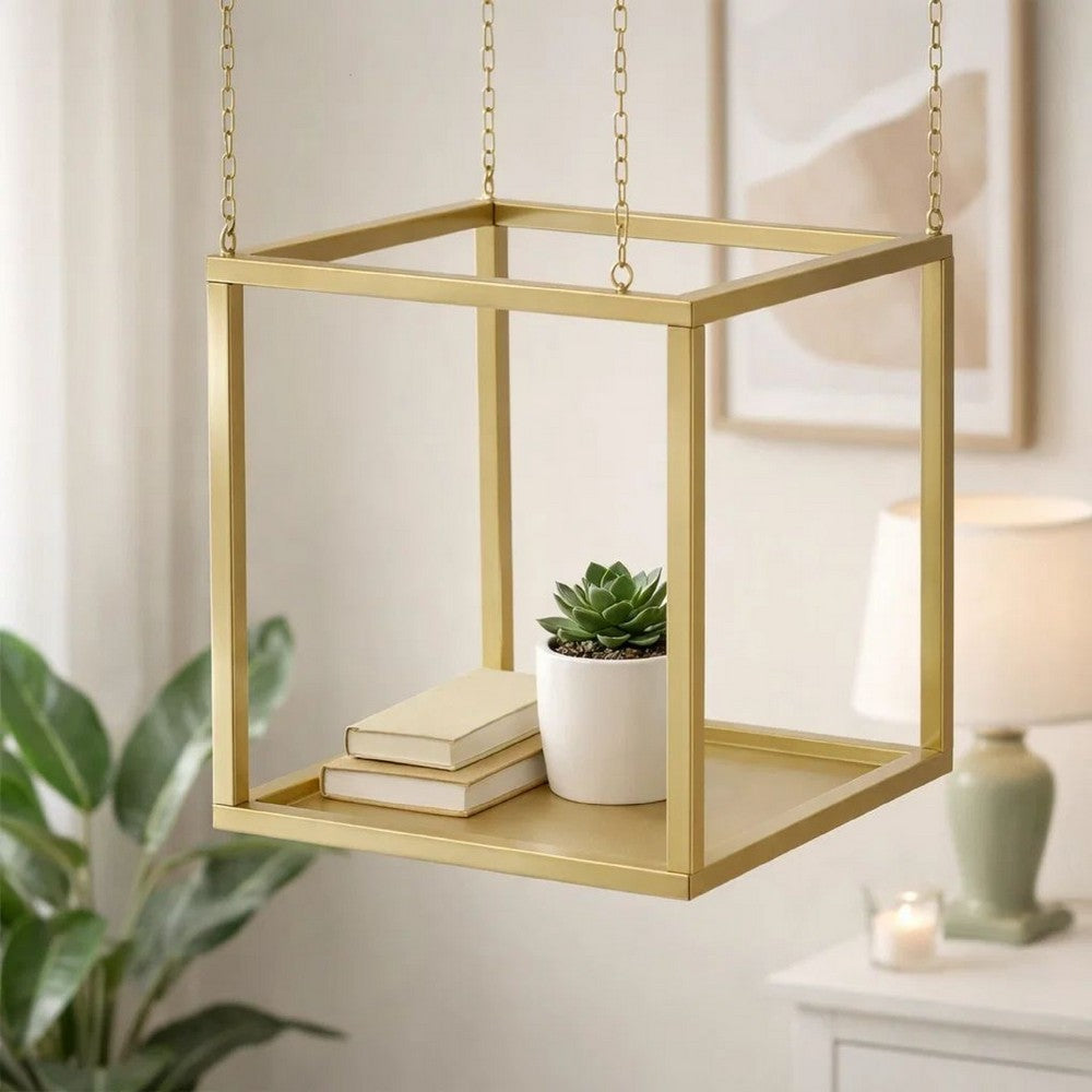 Hanging Open Plant Shelf with Chain | 20" Square Gold Iron Frame
