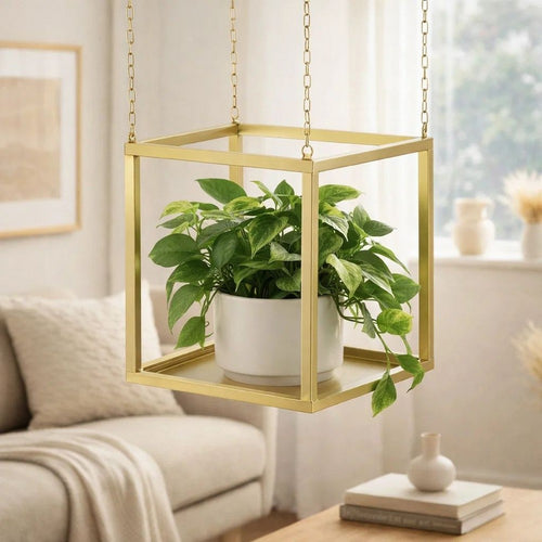 Hanging Open Plant Shelf with Chain | 20" Square Gold Iron Frame