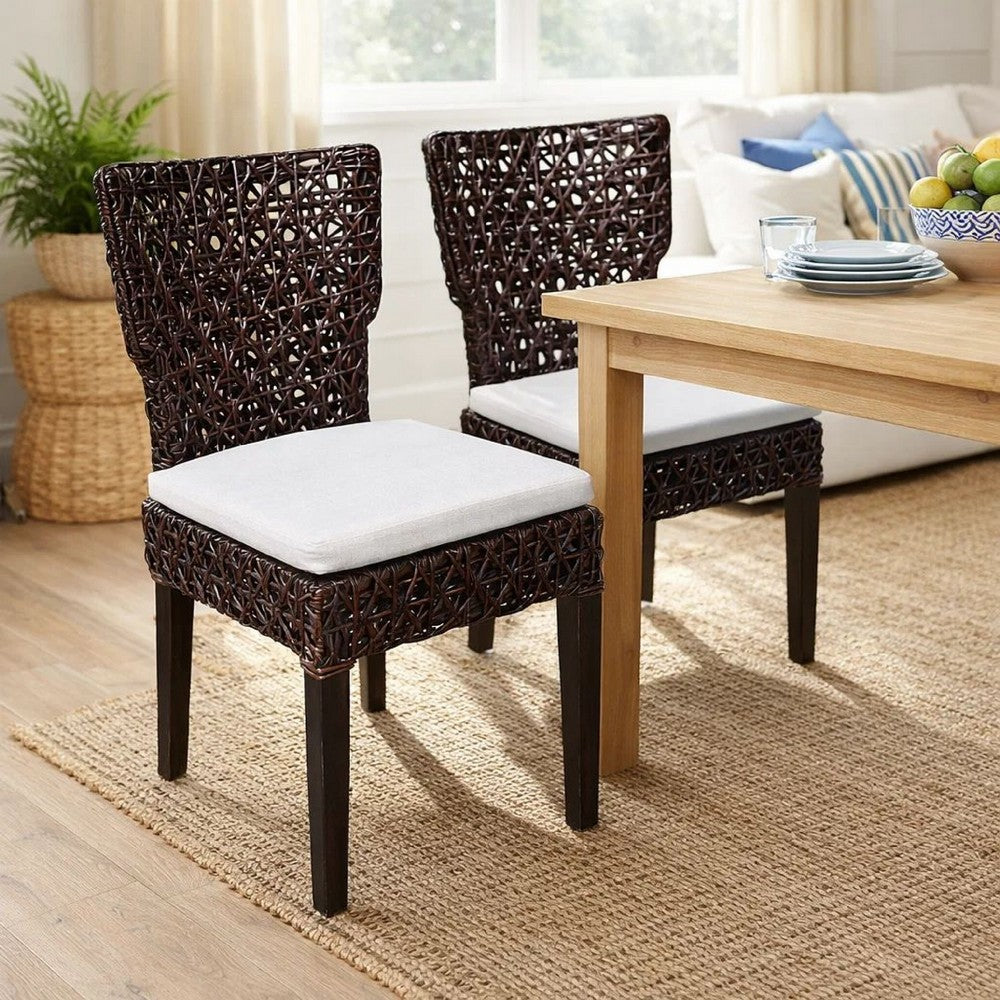 Dining Side Chair | Rattan Woven Seat & Back | Modern Black Wood Frame