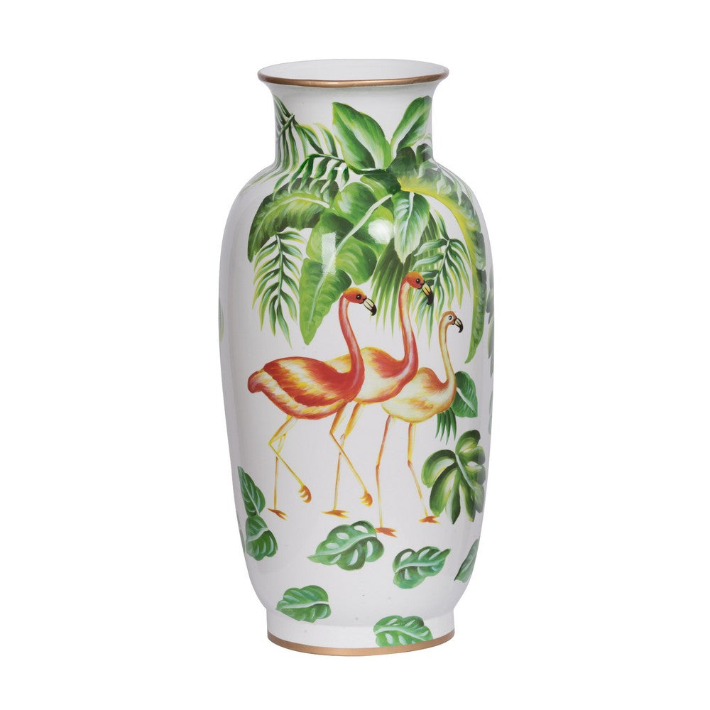Jesu Decorative Botanical Flamingo Vase | White Green Porcelain | 16"