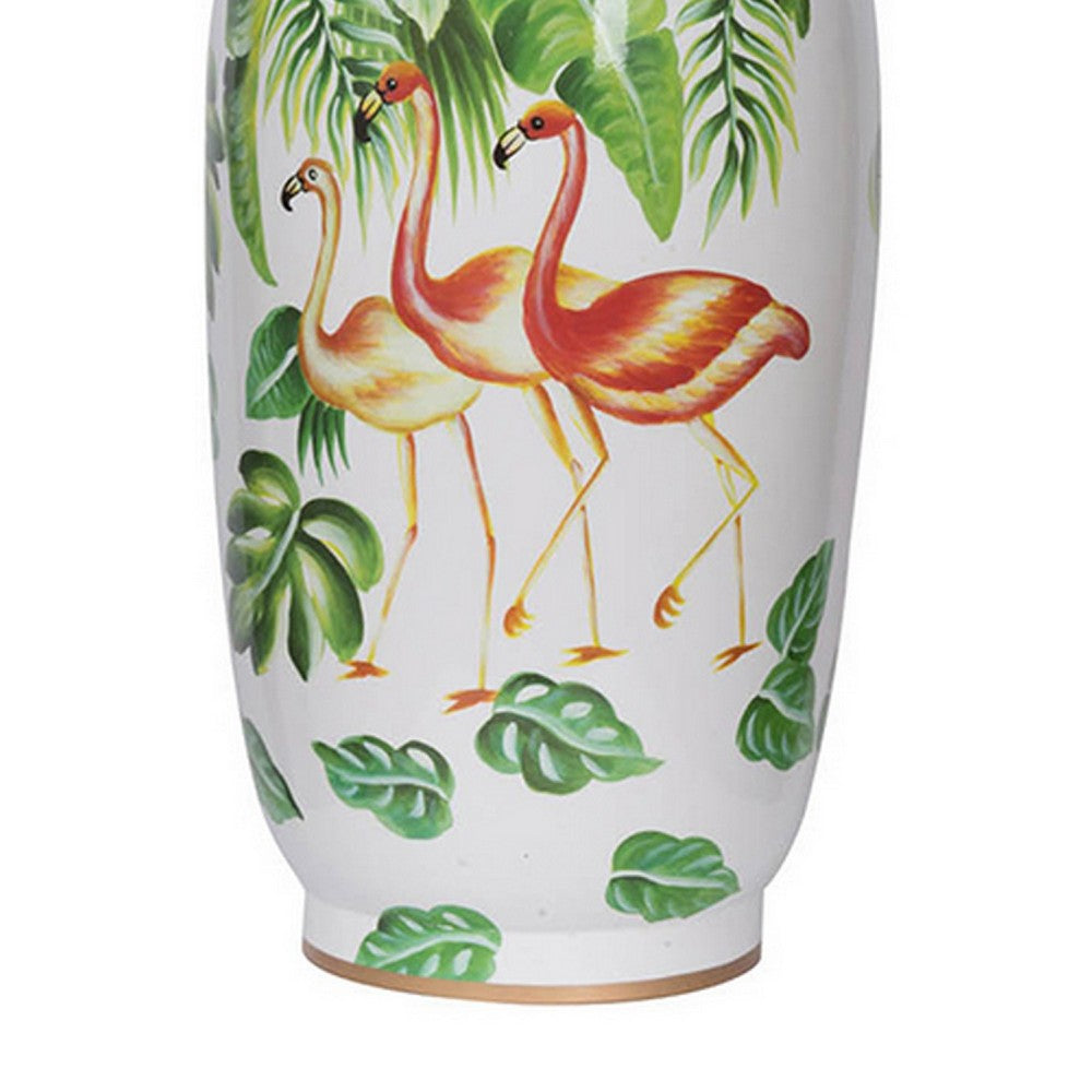 Jesu Decorative Botanical Flamingo Vase | White Green Porcelain | 16"