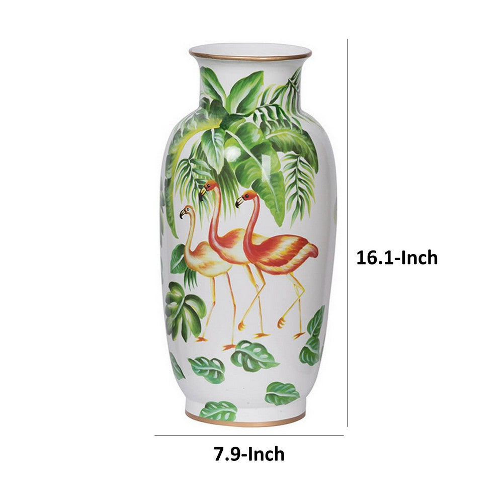 Jesu Decorative Botanical Flamingo Vase | White Green Porcelain | 16"