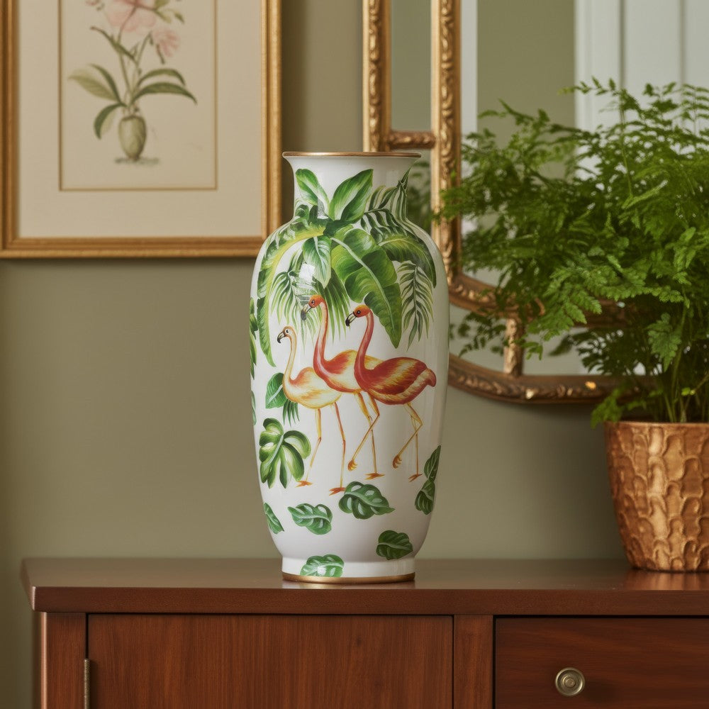 Jesu Decorative Botanical Flamingo Vase | White Green Porcelain | 16"