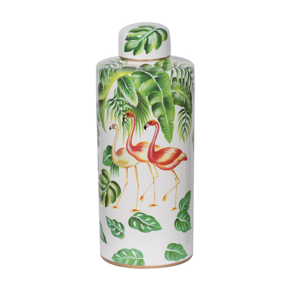 Jesu Decorative Botanical Flamingo Jar | White Green Porcelain | 18"